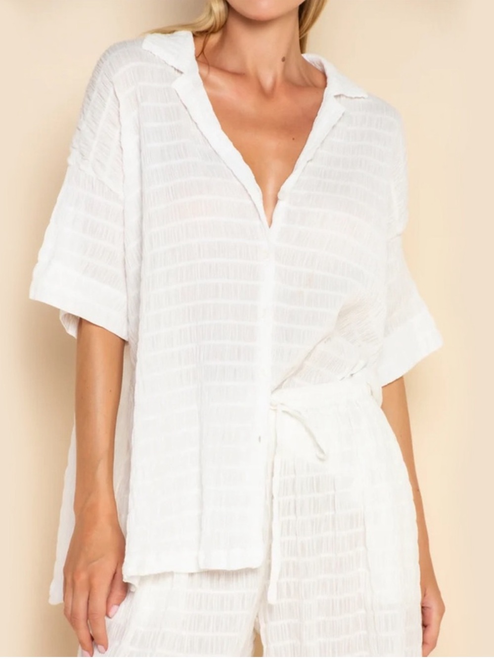 Elce  White Textured Short-Sleeve button down and matching pants